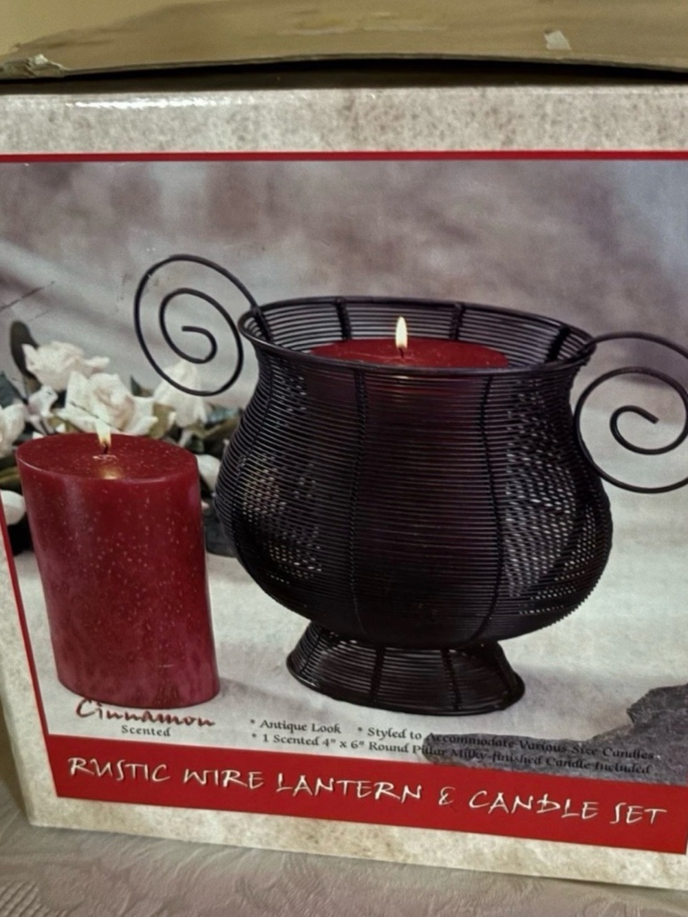 Rustic Wire Lantern & Candle Set - Black with Red Candle -